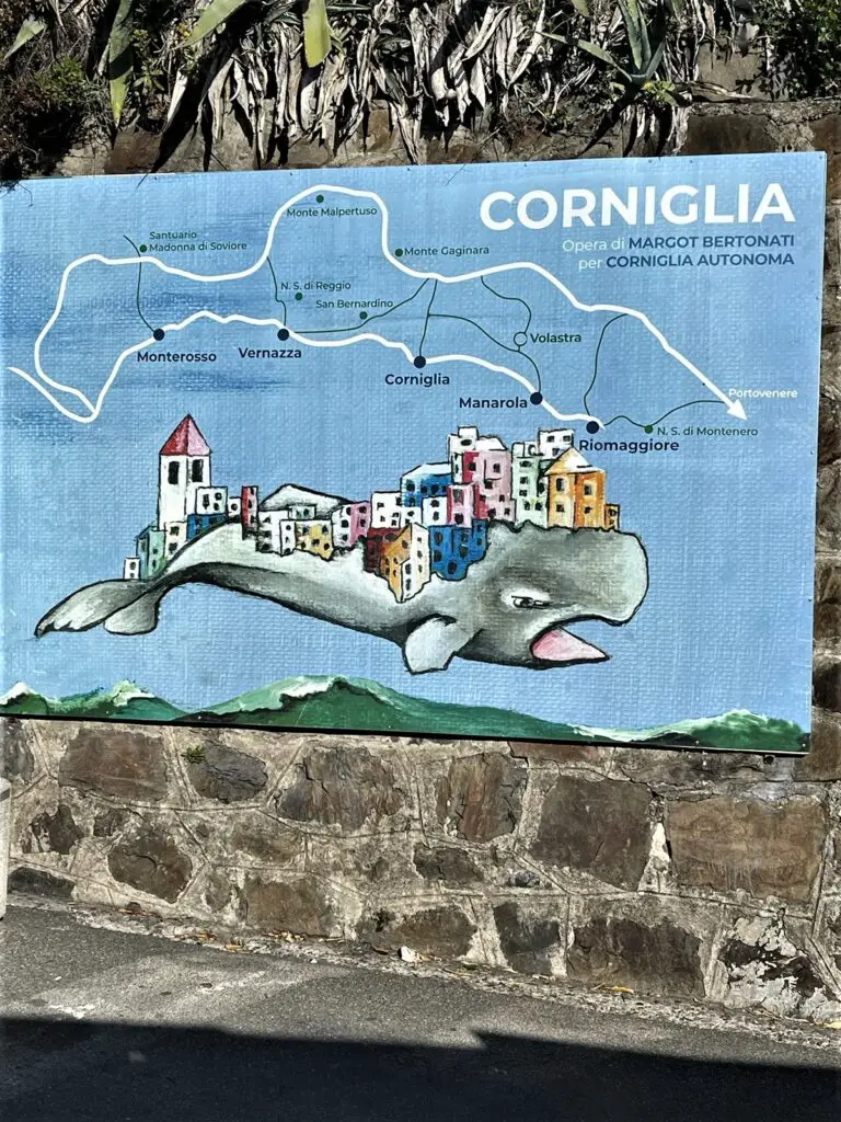 2 days in Cinque Terre, map of all towns in Cinque Terre and image of a whale